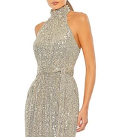 Mac Duggal Sequin Halter Mock Neck Sleeveless Gown