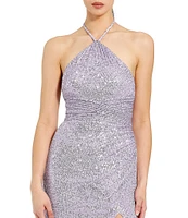 Mac Duggal Halter Neck Front Slit Sequin Gown