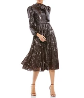 Mac Duggal Sequin High Tie Mock Neck Long Sleeve Midi Dress