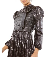 Mac Duggal Sequin High Tie Mock Neck Long Sleeve Midi Dress