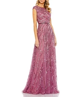 Mac Duggal Sequin Illusion Boat Neck Cap Sleeve A-Line Gown