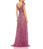 Mac Duggal Sequin Illusion Boat Neck Cap Sleeve A-Line Gown