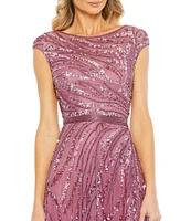 Mac Duggal Sequin Illusion Boat Neck Cap Sleeve A-Line Gown