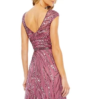 Mac Duggal Sequin Illusion Boat Neck Cap Sleeve A-Line Gown