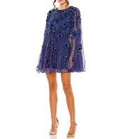 Mac Duggal Sequin Illusion Long Bell Sleeve Crew Neck Mini Dress