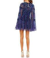 Mac Duggal Sequin Illusion Long Bell Sleeve Crew Neck Mini Dress