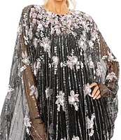 Mac Duggal Sequin Illusion Long Bell Sleeve Crew Neck Mini Dress