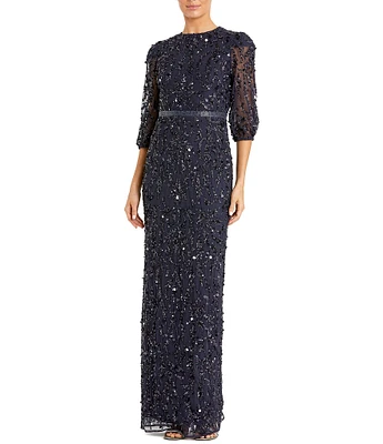 Mac Duggal Sequin Illusion Puff Elbow Sleeve Gown