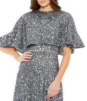 Mac Duggal Sequin Crew Neck Short Sleeve Cape Back Midi Dress