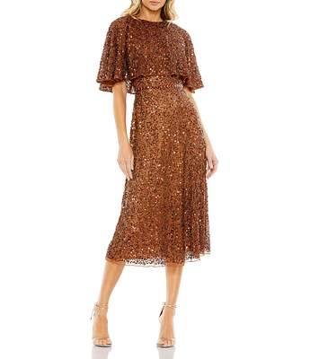 Mac Duggal Sequin Crew Neck Short Sleeve Cape Back Midi Dress