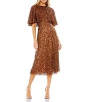 Mac Duggal Sequin Crew Neck Short Sleeve Cape Back Midi Dress