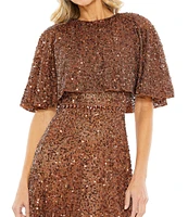 Mac Duggal Sequin Crew Neck Short Sleeve Cape Back Midi Dress