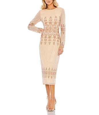 Mac Duggal Sequin Jewel Neckline Long Sleeve Midi Dress