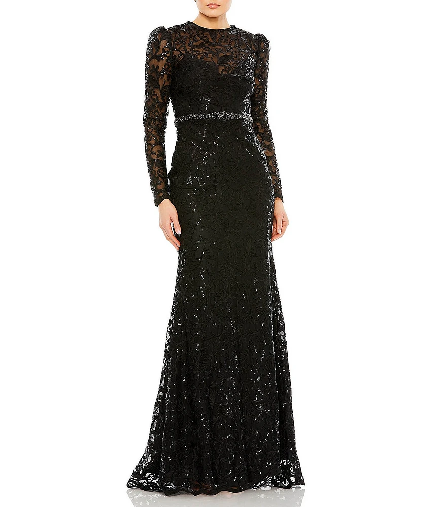 Mac Duggal Sequin Lace Crew Neck Long Sleeve Gown