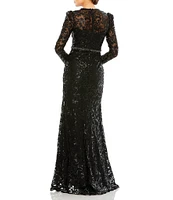 Mac Duggal Sequin Lace Crew Neck Long Sleeve Gown