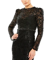 Mac Duggal Sequin Lace Crew Neck Long Sleeve Gown