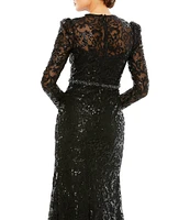 Mac Duggal Sequin Lace Crew Neck Long Sleeve Gown