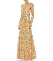 Mac Duggal Sequin Lace Crew Neck Long Sleeve Gown