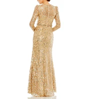 Mac Duggal Sequin Lace Crew Neck Long Sleeve Gown