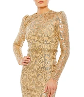 Mac Duggal Sequin Lace Crew Neck Long Sleeve Gown