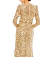 Mac Duggal Sequin Lace Crew Neck Long Sleeve Gown