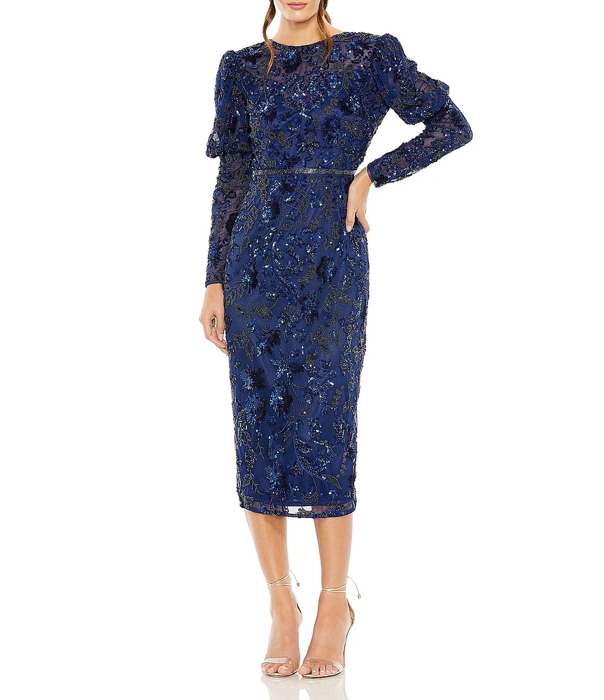 Mac Duggal Sequin Long Puff Sleeve Midi Sheath Dress