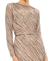 Mac Duggal Sequin Long Sleeve Crew Neck Embellished Sheath Gown