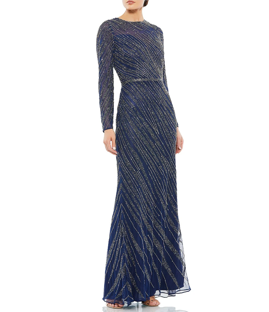 Mac Duggal Sequin Long Sleeve Crew Neck Embellished Sheath Gown