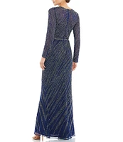 Mac Duggal Sequin Long Sleeve Crew Neck Embellished Sheath Gown