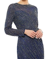 Mac Duggal Sequin Long Sleeve Crew Neck Embellished Sheath Gown