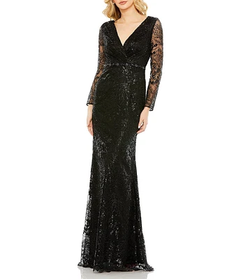 Mac Duggal Sequin Long Sleeve Surplice V-Neck Beaded Sheath Gown