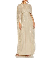 Mac Duggal Sequin Mesh Embellished Beaded Boat Neck Cape Sleeve Column Gown