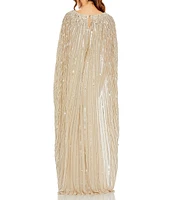 Mac Duggal Sequin Mesh Embellished Beaded Boat Neck Cape Sleeve Column Gown