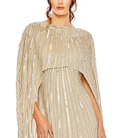 Mac Duggal Sequin Mesh Embellished Beaded Boat Neck Cape Sleeve Column Gown