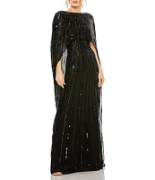 Mac Duggal Sequin Mesh Embellished Beaded Boat Neck Cape Sleeve Column Gown