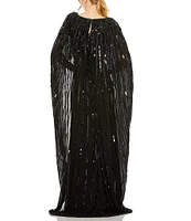 Mac Duggal Sequin Mesh Embellished Beaded Boat Neck Cape Sleeve Column Gown