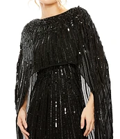 Mac Duggal Sequin Mesh Embellished Beaded Boat Neck Cape Sleeve Column Gown