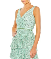 Mac Duggal Sequin Mesh Surplice V-Neck Sleeveless Tiered A-Line Gown