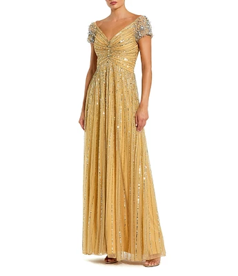 Mac Duggal Sequin Mesh V-Neck Beaded Shoulder A-Line Gown