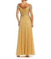 Mac Duggal Sequin Mesh V-Neck Beaded Shoulder A-Line Gown