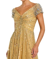 Mac Duggal Sequin Mesh V-Neck Beaded Shoulder A-Line Gown