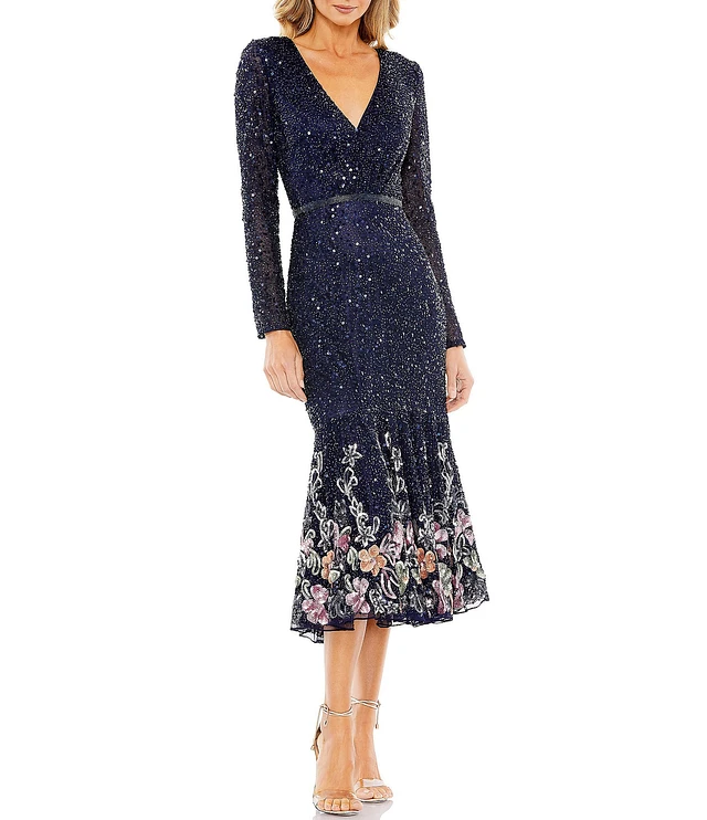 Mac Duggal Sequin Mesh V-Neck Long Sleeve Floral Trim Midi Dress | Liberty  Center