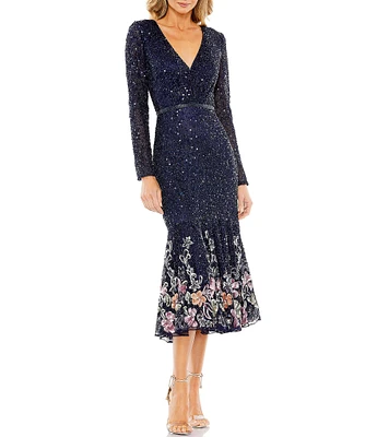 Mac Duggal Sequin Mesh V-Neck Long Sleeve Floral Trim Midi Dress