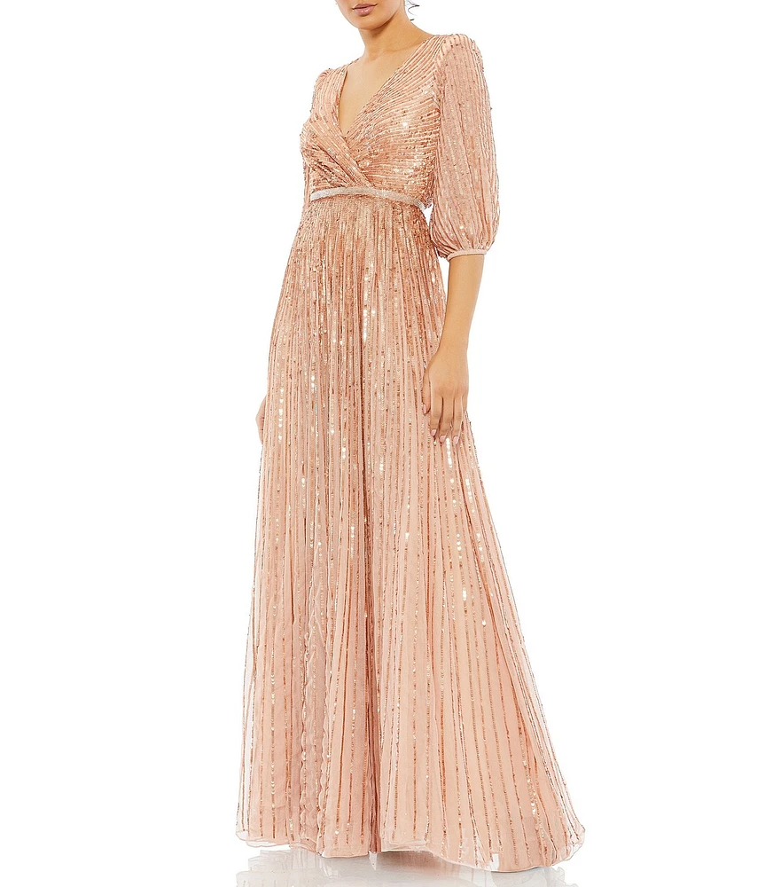 Mac Duggal Sequin Mesh Wrap V-Neck Elbow Sleeve A-Line Gown