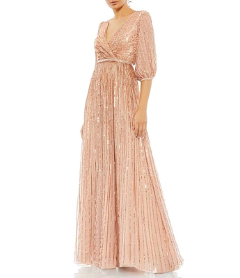 Mac Duggal Sequin Mesh Wrap V-Neck Elbow Sleeve A-Line Gown