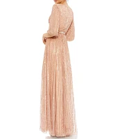 Mac Duggal Sequin Mesh Wrap V-Neck Elbow Sleeve A-Line Gown