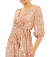 Mac Duggal Sequin Mesh Wrap V-Neck Elbow Sleeve A-Line Gown