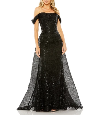 Mac Duggal Sequin Off The Shoulder Cap Sleeve Panel Train Gown