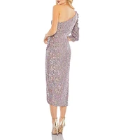 Mac Duggal Sequin One Shoulder 3/4 Sleeve Faux Wrap Dress