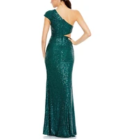 Mac Duggal Sequin One Shoulder Cap Sleeve Cut-Out Gown